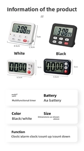 Detailed specs of magnetic kitchen timer showing sizes and LCD screen functions