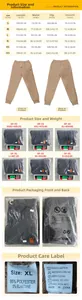 Detailed size chart and material guide for men's casual joggers in CM and INCHES