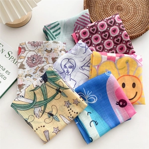 Chic cotton linen small square scarf with artistic prints and vibrant macaron colors