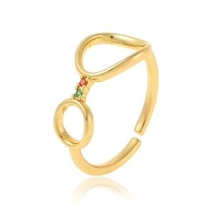 Adjustable gold ring with dual band design featuring green and red zircon gemstones