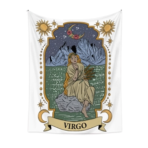 Close-up of Virgo zodiac tapestry with vintage tarot style illustration on white fabric