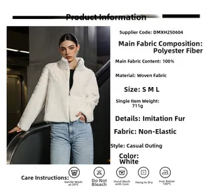 Detailed chart showing white faux fur coat specifications and size guide with urban model