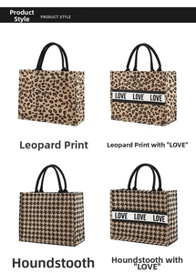 Detail of jute tote bags featuring leopard print and houndstooth patterns with rope handles