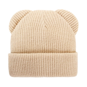 Close-up of ribbed knit baby hat featuring cute bear ears in warm beige color