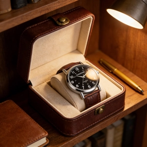 Elegant Kingnuos quartz watch with brown leather strap in a gift box on a shelf