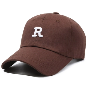 Classic dark brown cotton baseball cap with white embroidered R letter on a white background