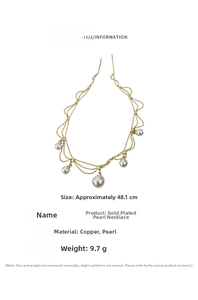 Detail view of a multi-layer gold-plated pearl necklace with product dimensions and specs