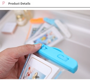 Close-up of the secure blue swivel lock seal and transparent PVC phone waterproof pouch