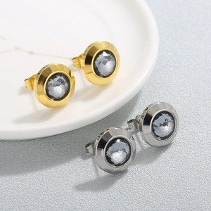 French vintage stainless steel stud earrings with grey faceted crystals in gold and silver