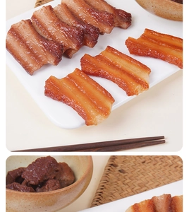 Macro detail of realistic PVC braised pork belly with glossy fat texture on a white plate