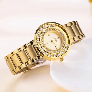 Elegant gold ladies watch with diamond-encrusted bezel and metallic link strap