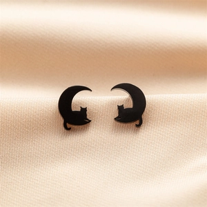 Close-up of matte black moon and cat stud earrings on champagne silk background