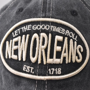 Vintage washed charcoal baseball cap with New Orleans 3D embroidery and cotton texture