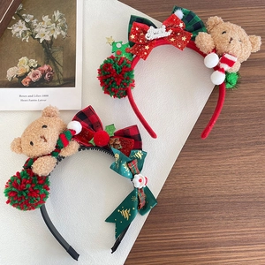 Christmas plush bear headband with red bow and sequins for festive holiday hair accessory