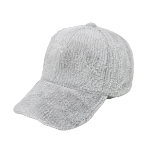 Close-up of light grey plush baseball cap featuring soft vertical stripe texture