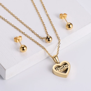 Stainless Steel Double Layer Necklace And Ball Stud Earrings Hollow Heart Pendant Women Mama Sister Gift Gold Plated
