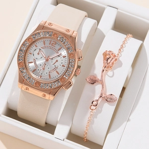 Elegant rose gold rhinestone watch with beige leather strap and floral bracelet in gift box