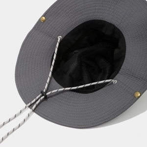 Waterproof grey outdoor sun hat with wide brim, moisture-wicking fabric and chin strap