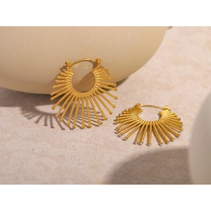 Detailed view of 18k gold plated stainless steel fan shaped earrings with zircons