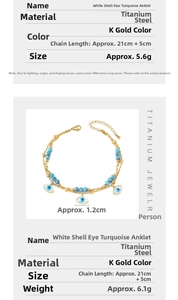 Detail view of titanium steel anklets with turquoise beads and shell star charms