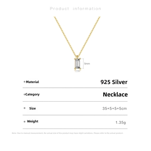 Detailed specs of S925 silver necklace with rectangular clear stone pendant dimensions