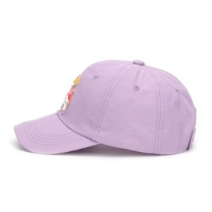 Detail view of purple kids' unicorn baseball cap with breathable mesh and side eyelets