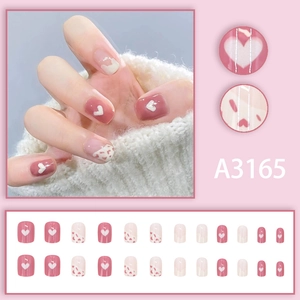 Sweet heart press-on nails set with pink doodle art and polka dots pattern 24pcs