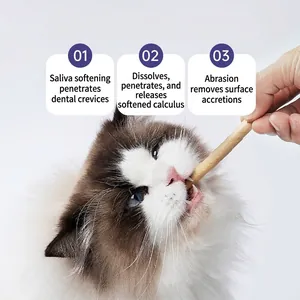 Nutritional chicken dental sticks for cats, showing a cat chewing on long yellow treats