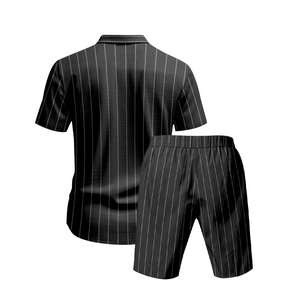 Back view of men's summer linen set with black and white vertical stripes in a loose fit