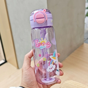 Detailed close-up of a purple lid water bottle with unicorn graphics and built-in straw