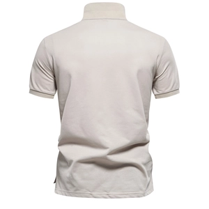 Detail view of khaki cotton polo shirt back showing premium breathable pique fabric texture