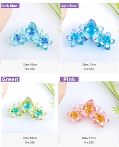 Collage of four iridescent plumeria hair claws in blue, green, and pink with 10cm size