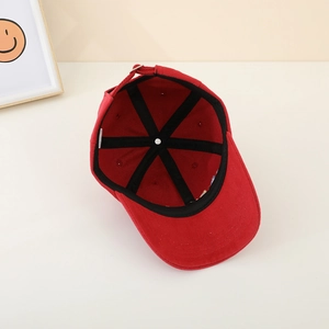 Red cotton baseball cap with car embroidery and breathable curved brim for kids