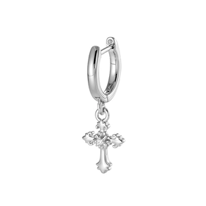 Elegant silver hoop earrings featuring a polished iris cross pendant with clear gemstone