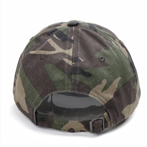 Rear view of camouflage baseball cap with adjustable metal buckle on high-density canvas