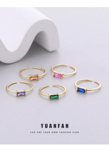 Set of five 925 silver open rings featuring colorful rectangular gemstones in golden finish