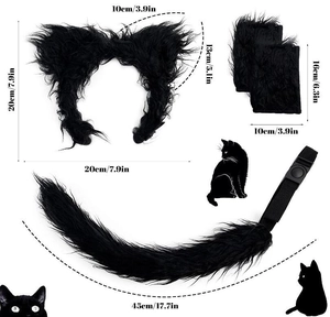 Detailed dimensions of black faux fur wolf ear headband, paws, and tail set