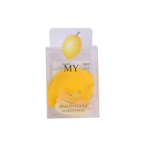 Lemon shaped yellow makeup sponge in transparent plastic box for dry and wet use