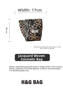Detail view of floral jacquard makeup bag showing 17x14cm dimensions and beige lining