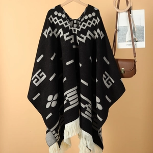 Vintage Ethnic Geometric Jacquard Poncho Shawl With Tassels Bohemian Warm Pullover Cape For Travel Outdoor Women Men