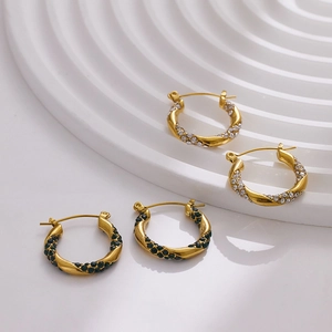 18k gold plated stainless steel C-shape twist hoop earrings with zircon stones
