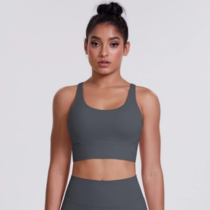 Detailed front view of charcoal grey high-impact sports bra and high-waisted leggings set