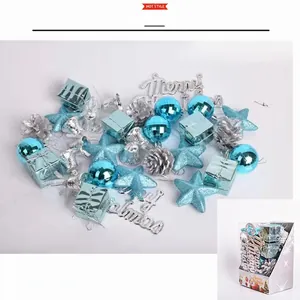Detailed set of blue and silver Christmas ornaments with balls, stars and pinecones