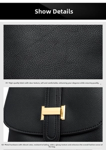 Close-up of black litchi texture leather and golden H-shaped hardware on women backpack