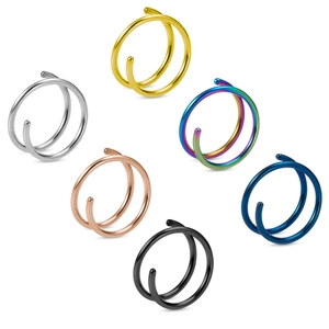 Set of six colorful stainless steel double spiral nose rings in a professional layout