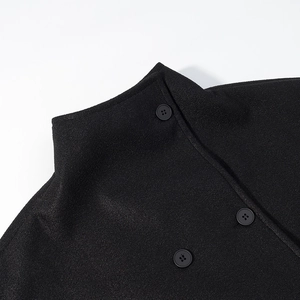 Close-up of the standing collar and button details on a black wool-blend short jacket