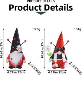 Detail view of two ladybug plush gnomes showing 10.6-inch height and product dimensions