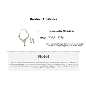 Macro view showing water drop jewelry set dimensions and gold alloy material details