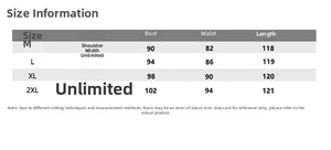 Detailed size information chart for long midi dress with bust and waist measurements