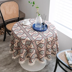 Cotton Jacquard Round Tablecloth with Tassel American Vintage Bohemian Floral Geometric Pattern Dustproof Table Cover for Dining Room Home Decor